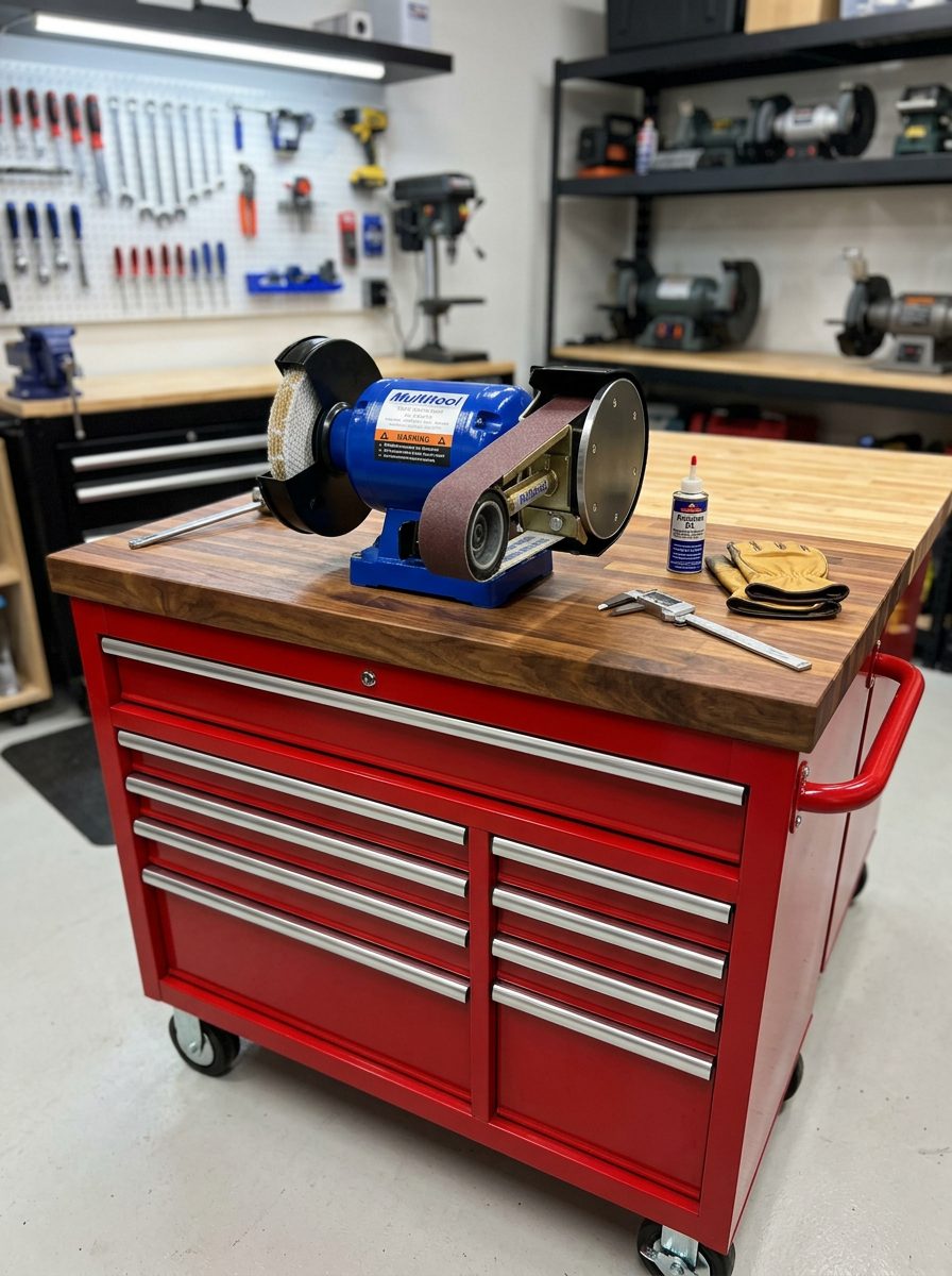 A blue Multitool grinder and belt sander on a red rolling workbench with a butcher-block wood top in a precision golf club workshop