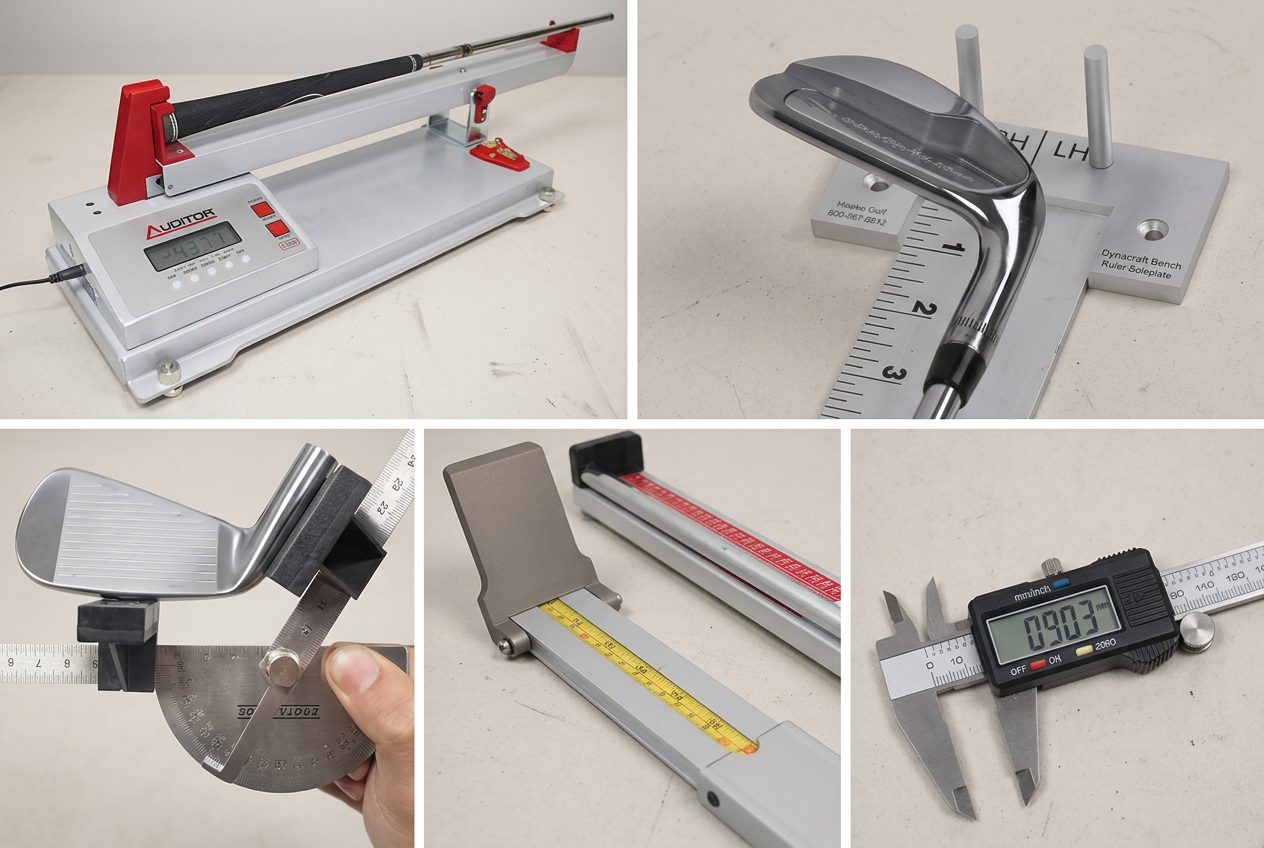 Collage of precision golf club fitting and measuring tools used to blueprint a full set of clubs
