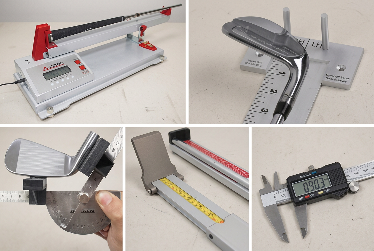 Collage of precision golf club fitting tools: swing-weight scale, loft-and-lie bench ruler, lie-angle protractor, club length ruler, and digital caliper