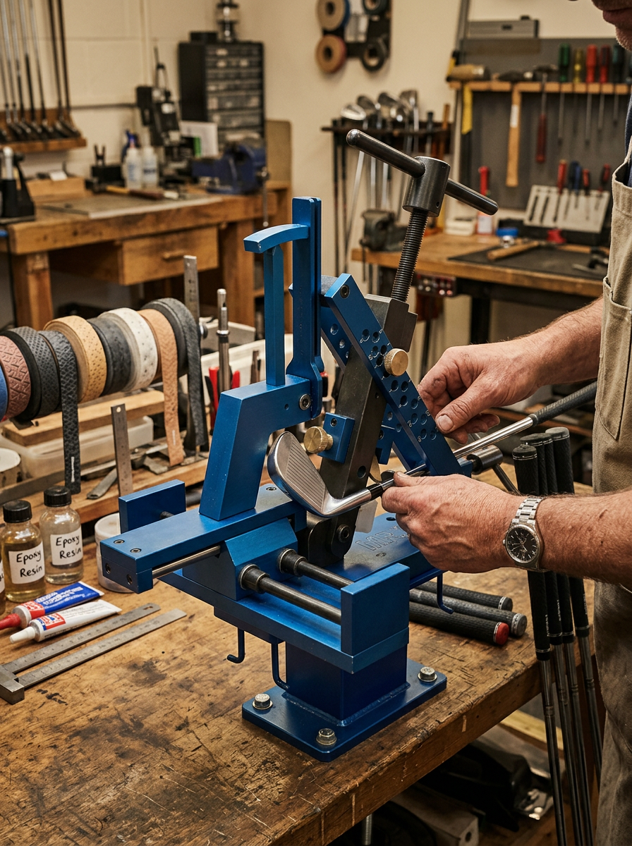 Clubmaker adjusting an iron in a loft-and-lie bending machine during a golf club fitting