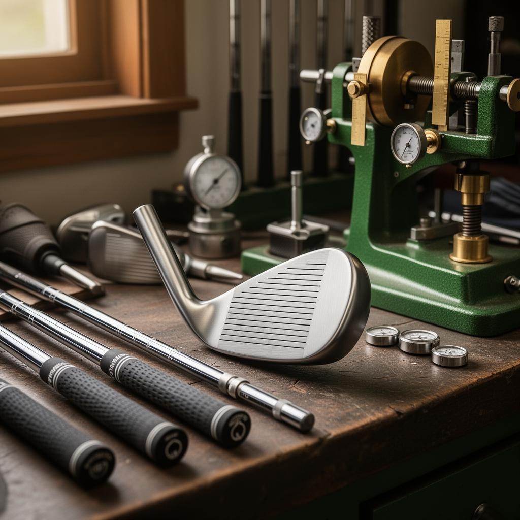 Hand-stamping bespoke detailing into a forged golf iron in the workshop