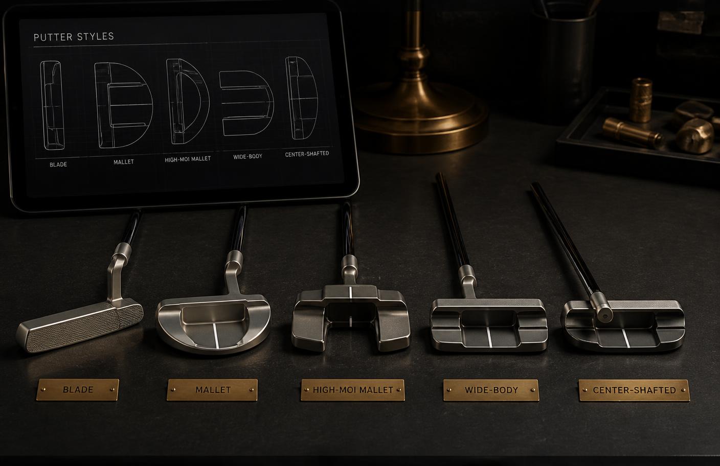 Five putter styles — blade, mallet, high-MOI mallet, wide-body, and center-shafted — lined up on a workshop bench beside a tablet