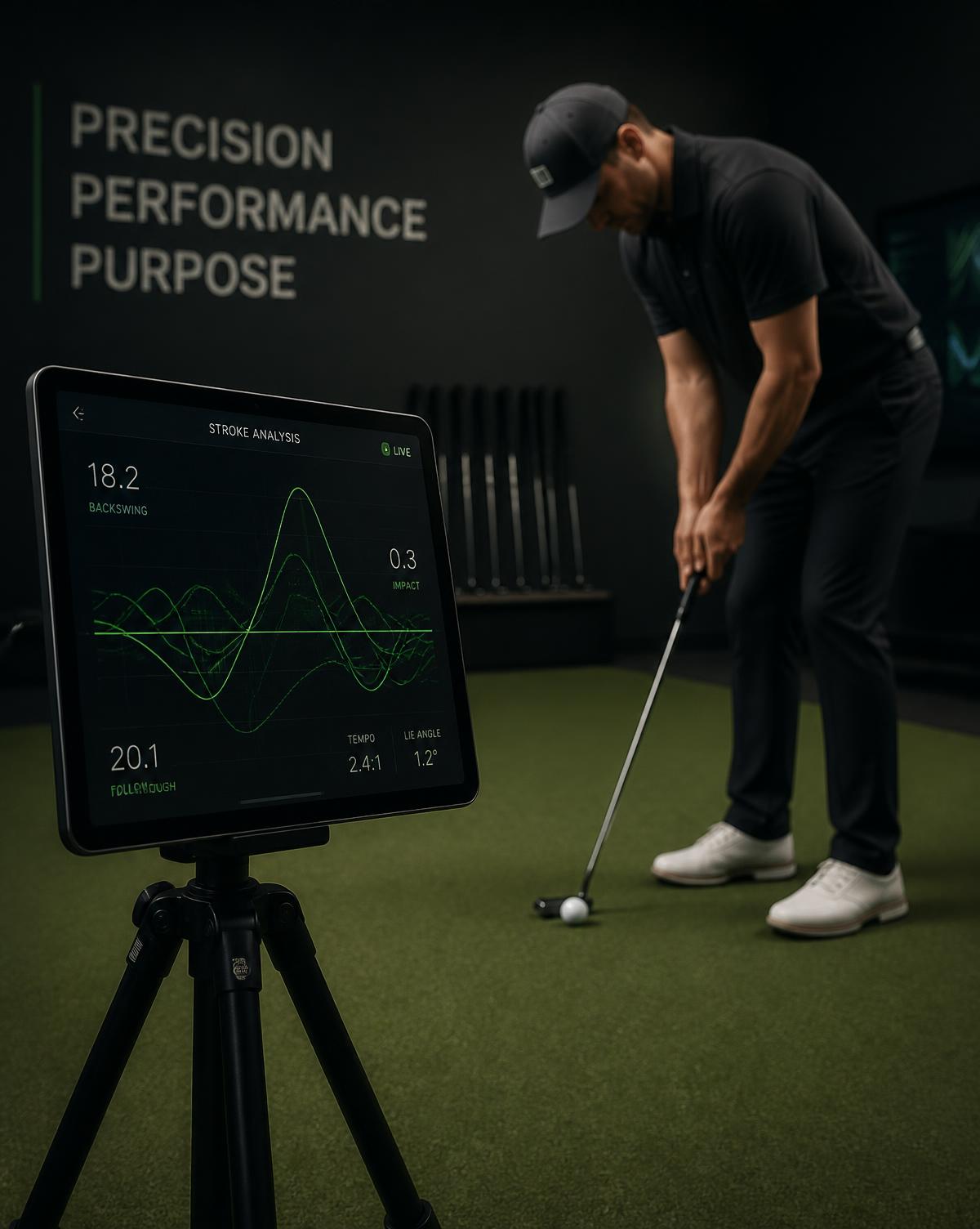 Golfer putting on an indoor performance-studio green with putting stroke data displayed on a tablet in the foreground