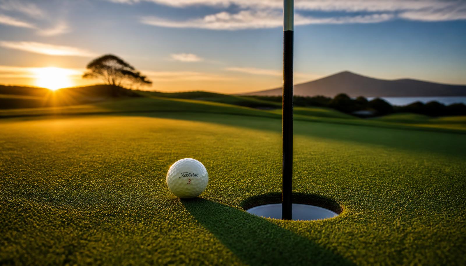 Golf ball beside the hole on an immaculate putting green at golden hour