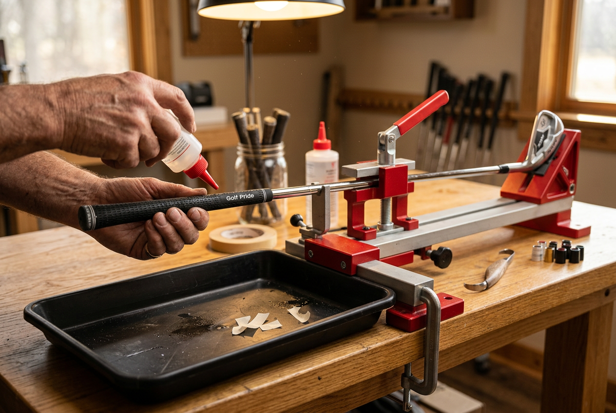 Clubmaker installing a new grip on a golf club shaft clamped in a regripping vise at the workshop bench