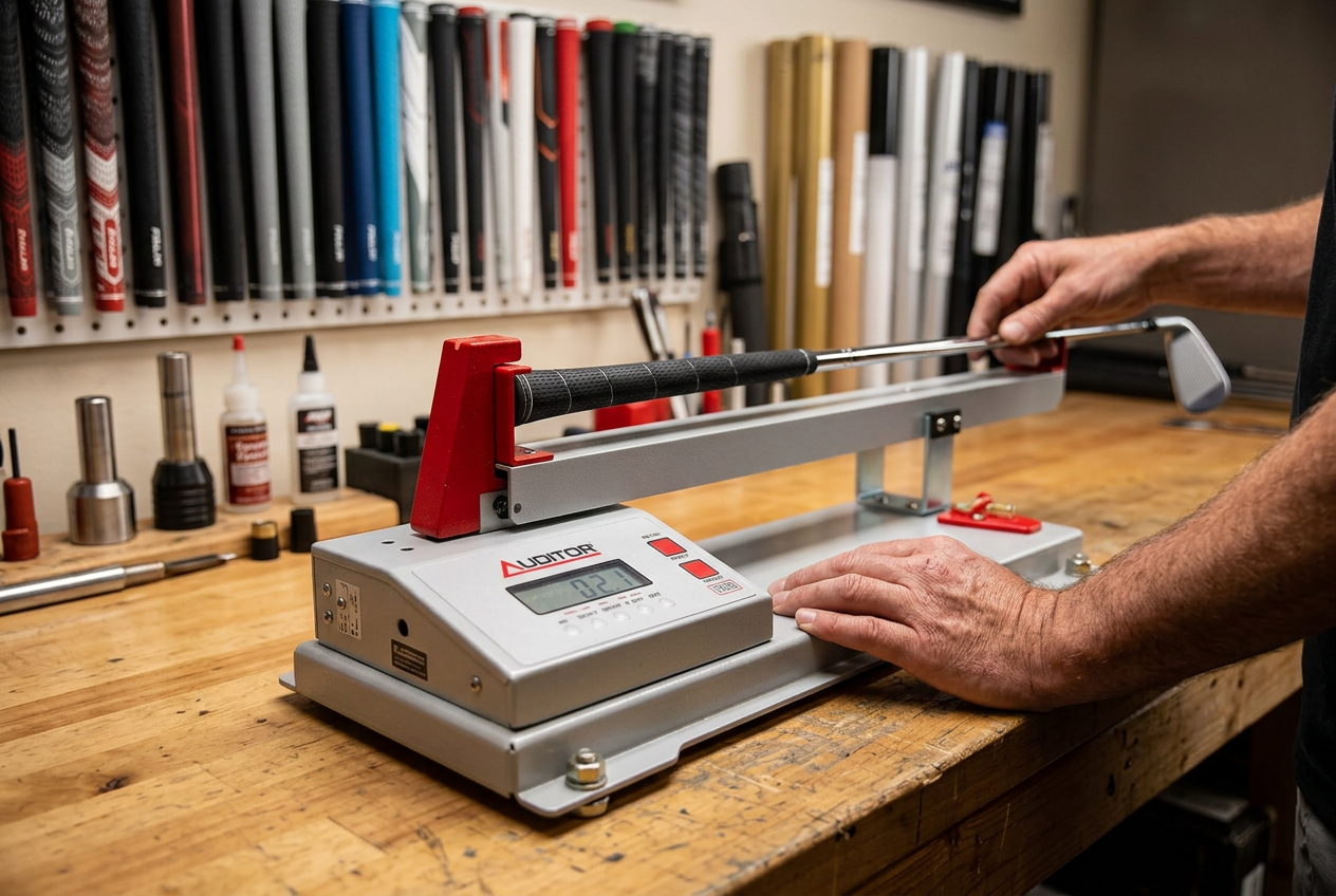 Clubmaker measuring a golf iron's swing weight on an Auditor digital swing weight scale in the workshop